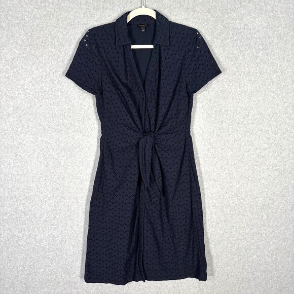 Talbots Dress 4 Navy Knee Eyelet Tie Front Shirt Cotton Sailor Mod Career Church - Picture 2 of 12